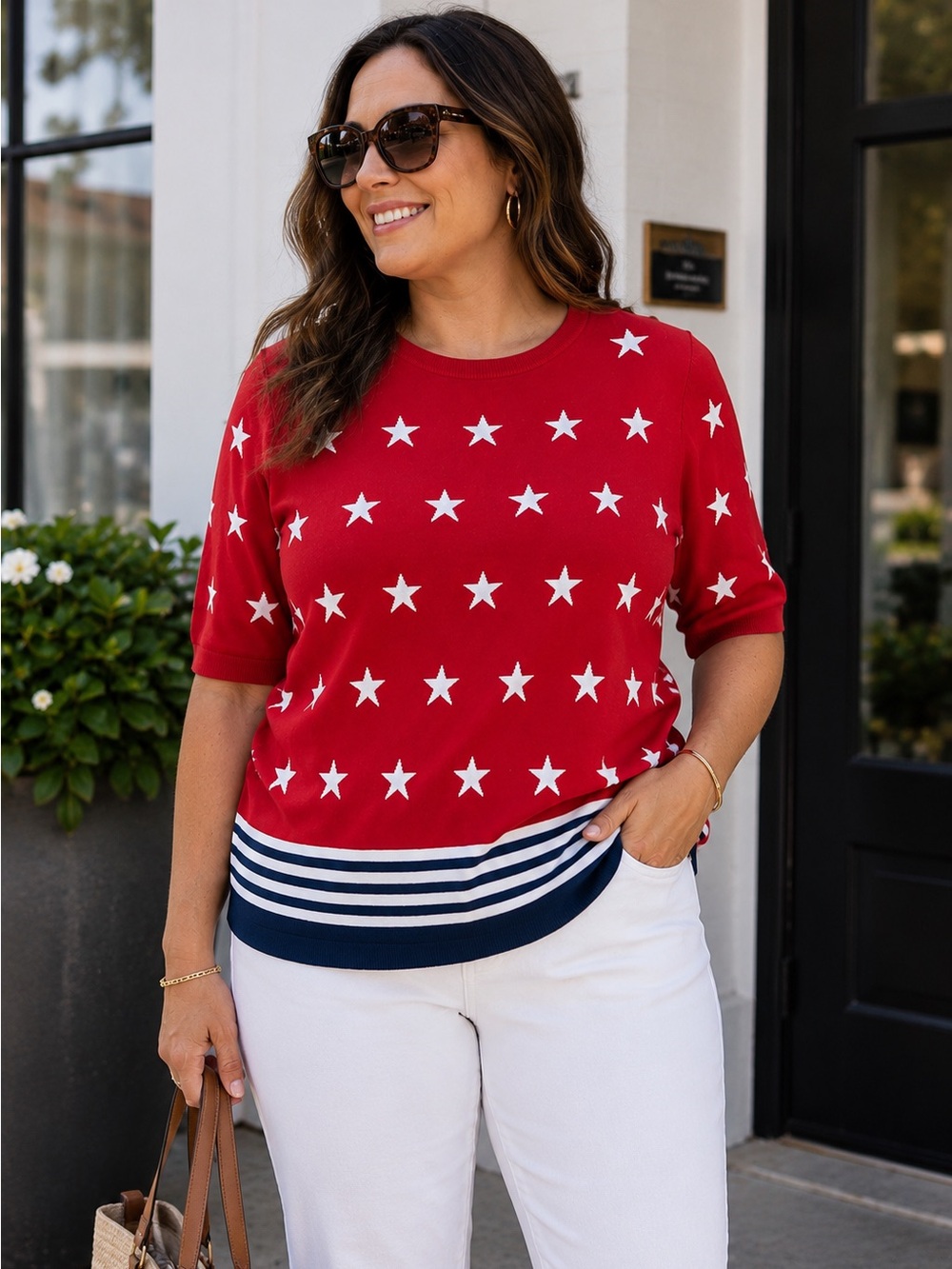 Talbots red top with star print knit top